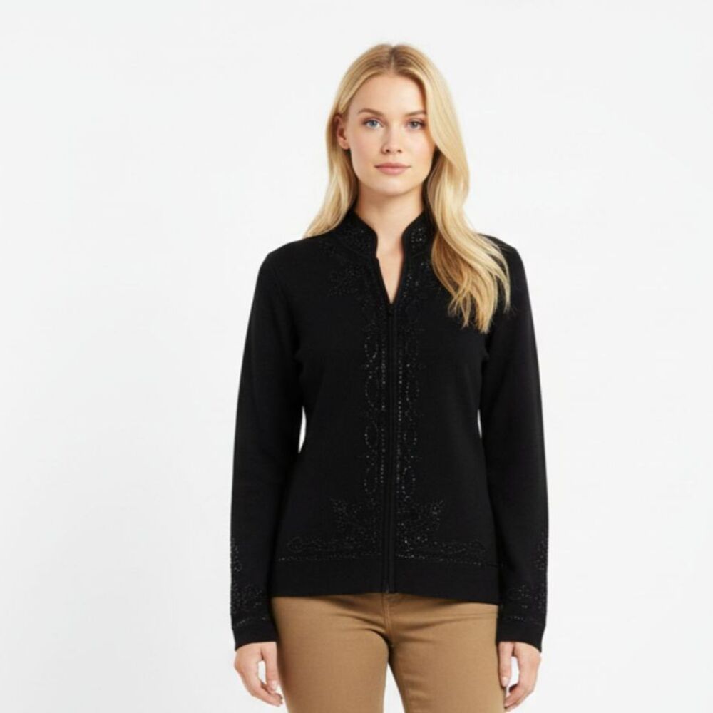 Cache Silk Blend Black Ribbed Embellished Knit Zip Up Cardigan Sweater M